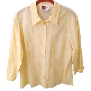 NWT JM COLLECTION Womens 16 Swiss Dot Button 100% Cotton 3/4 Sleeve Yellow Top